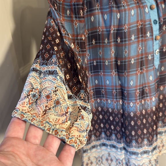 DejaVu Boho Plaid Embroidered Tunic Top Blue Brown western Peasant Large - Picture 6 of 13